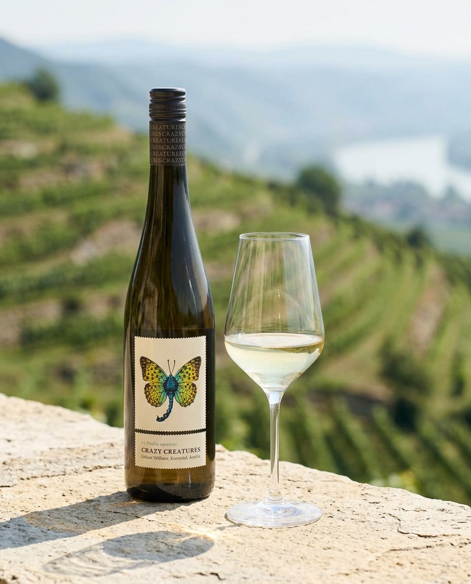Malat Crazy Creatures Grüner Veltliner bottle and a glass of the wine