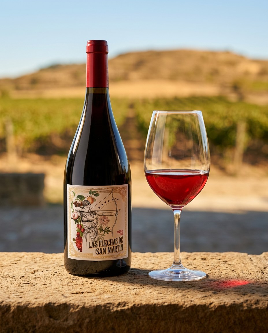 Las Flechas de San Martin Garnacha bottle and a glass of the wine