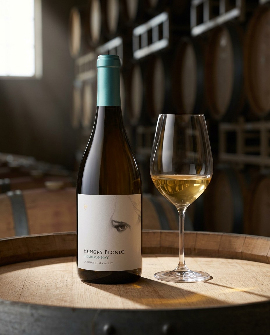 Hungry Blonde Chardonnay bottle and a glass of the wine