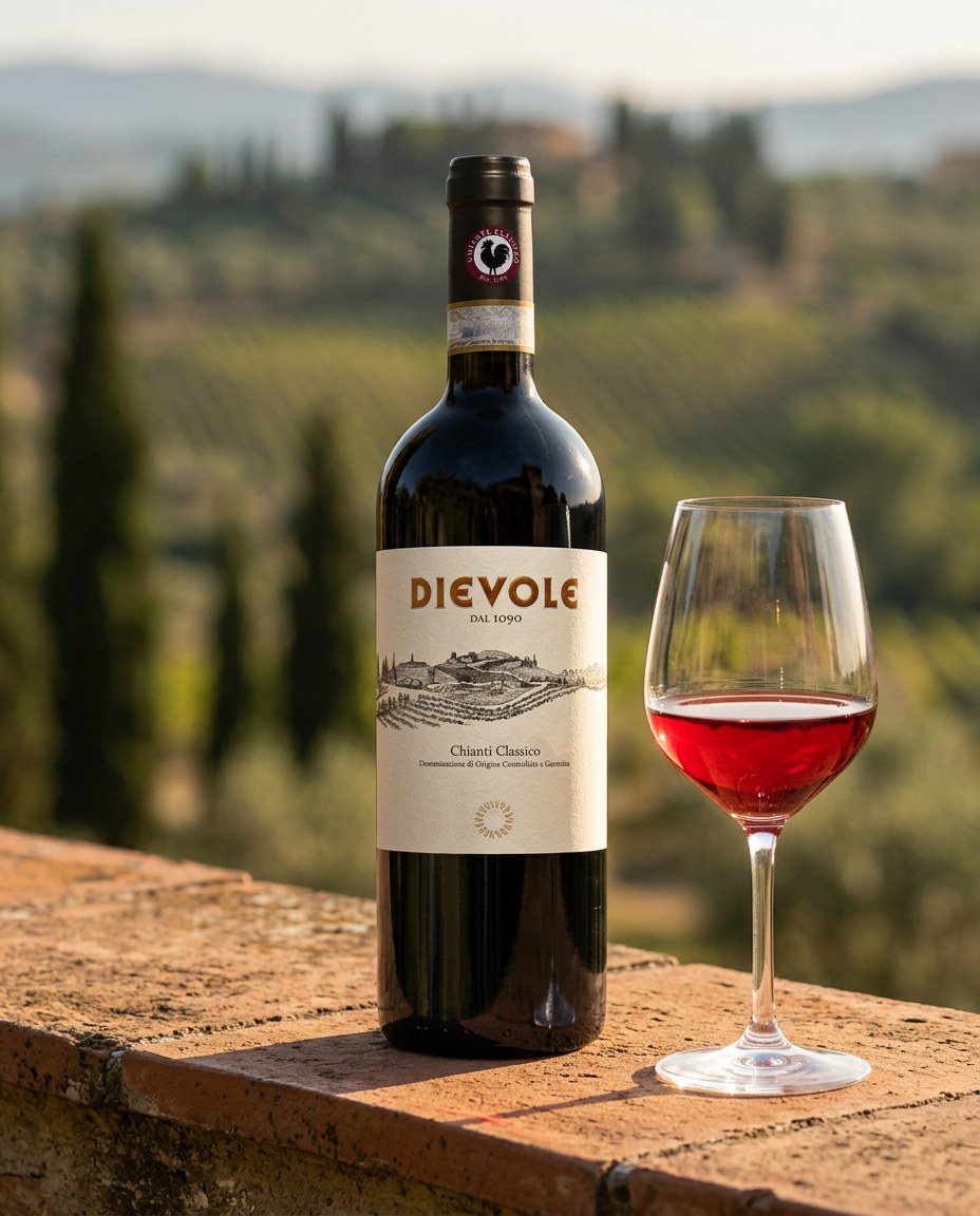 Dievole Chianti Classico bottle and a glass of the wine
