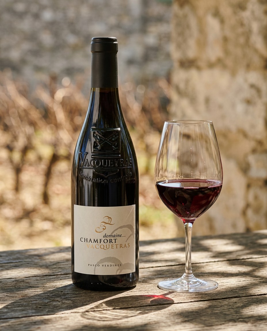 Domaine Chamfort Vacqueyras bottle and a glass of the wine