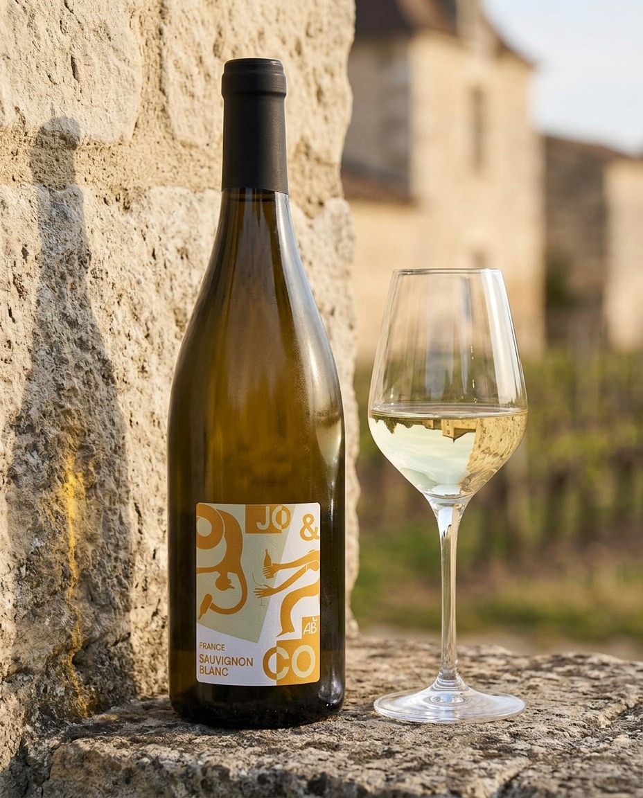 JO & CO. Sauvignon Blanc bottle and a glass of the wine