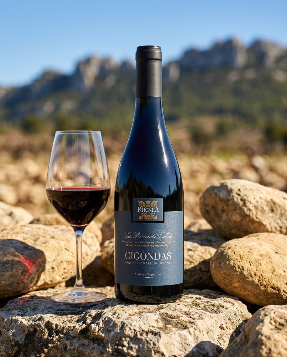 Rhonéa Gigondas Les Pierres de Vallat bottle and a glass of the wine