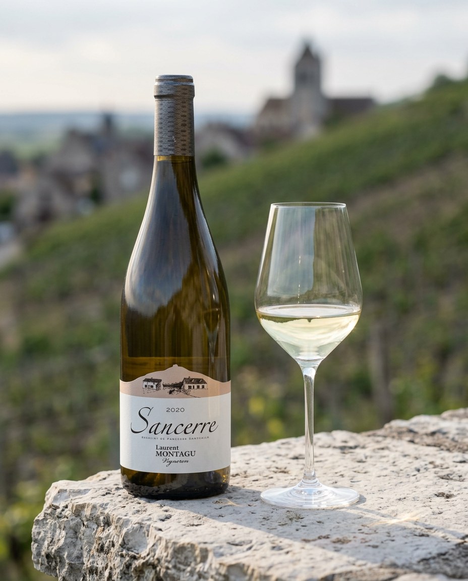 Domaine Laurent Montagu Sancerre Réserve bottle and a glass of the wine