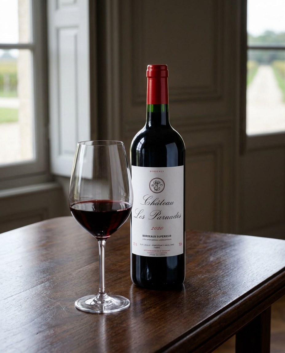 Château Les Paruades Bordeaux bottle and a glass of the wine