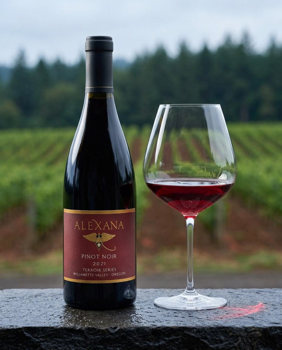 Alexana Terroir Series Pinot Noir bottle and a glass of the wine