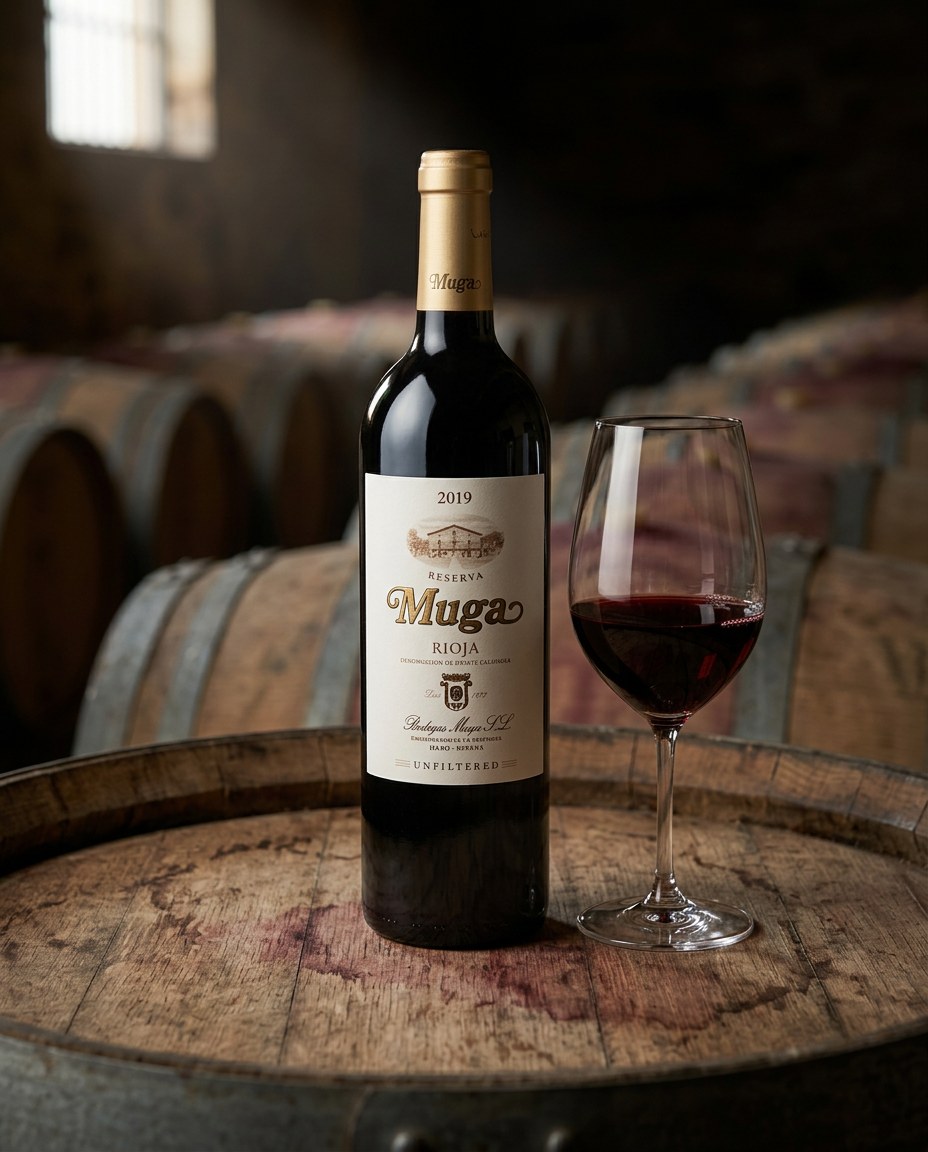 Muga Tempranillo Rioja Reserva bottle and a glass of the wine