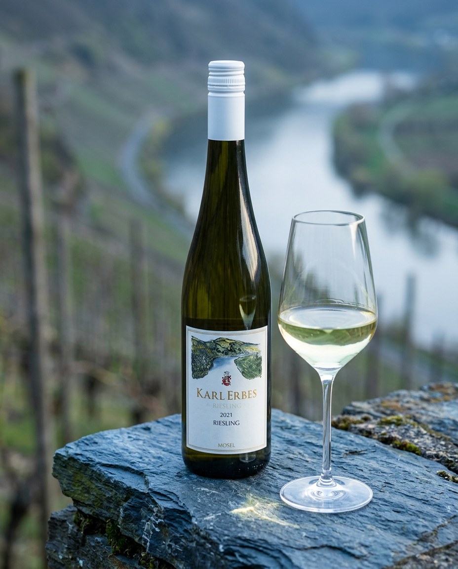Karl Erbes Riesling Kabinett bottle and a glass of the wine