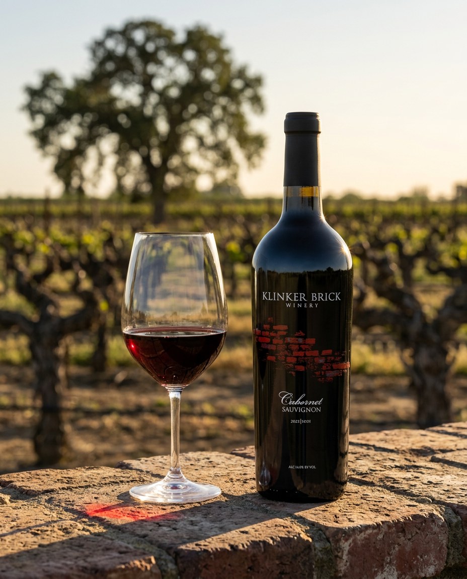 Klinker Brick Cabernet Sauvignon bottle and a glass of the wine