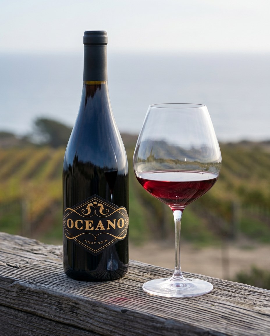 Oceano Spanish Springs Pinot Noir bottle and a glass of the wine
