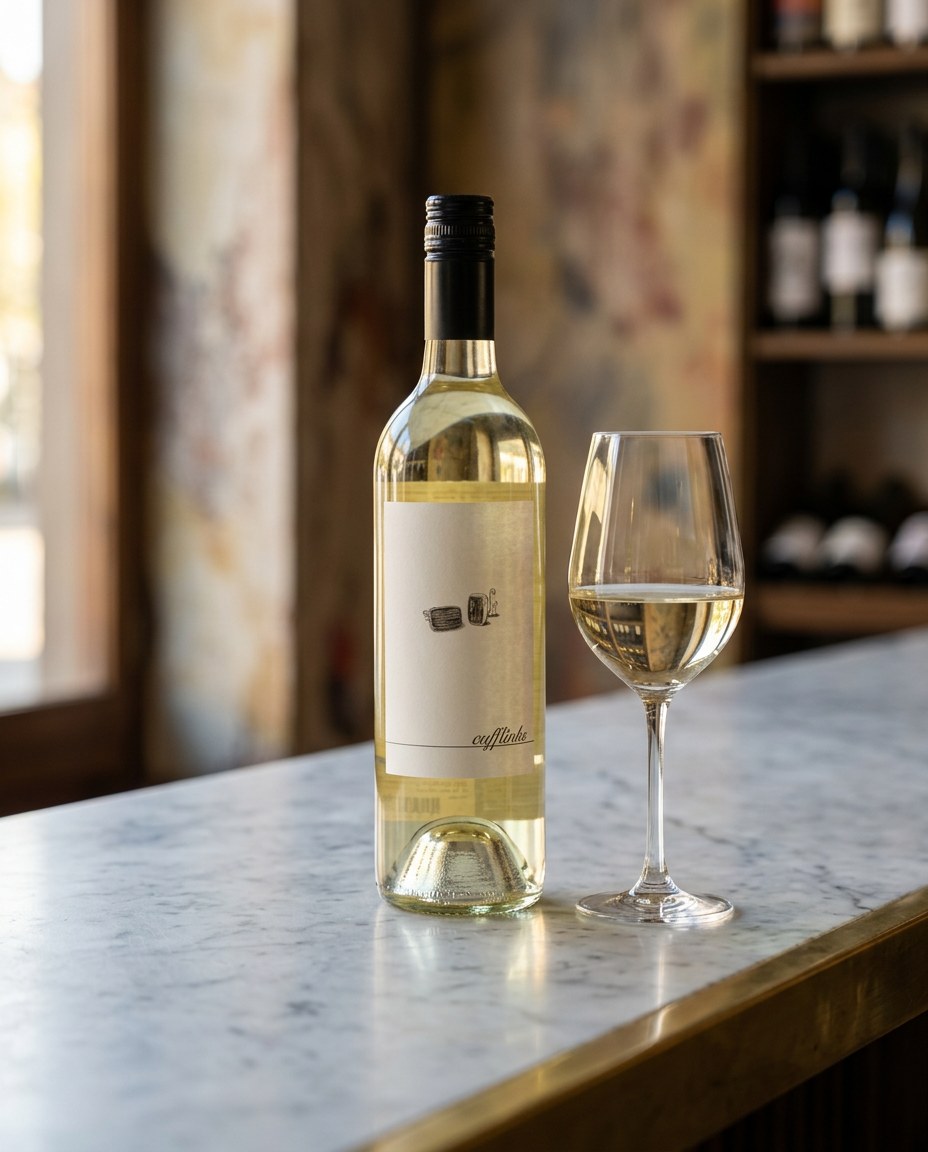 Cufflinks Sauvignon Blanc White Blend bottle and a glass of the wine