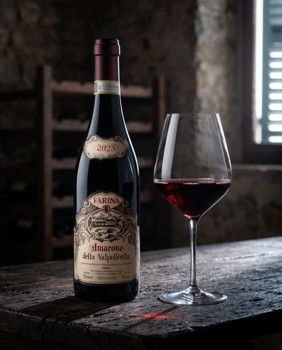 Remo Farina Amarone Classico bottle and a glass of the wine