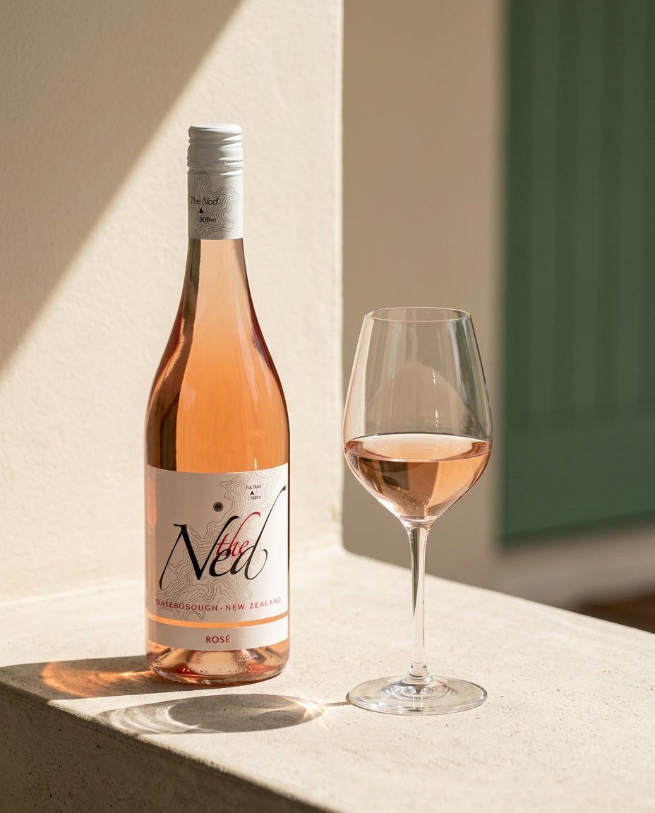 The Ned Rosé of Pinot Noir bottle and a glass of the wine