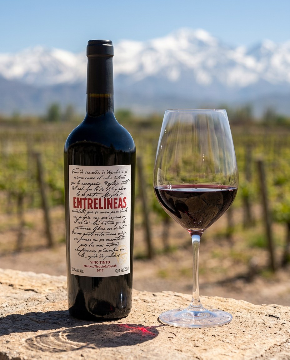 Entrelinear Malbec bottle and a glass of the wine