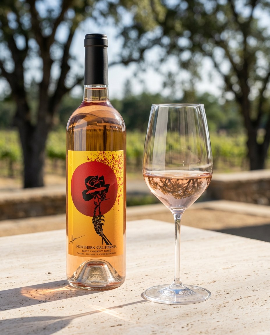 Wesley Boy “Hills & Valleys” Rosé bottle and a glass of the wine