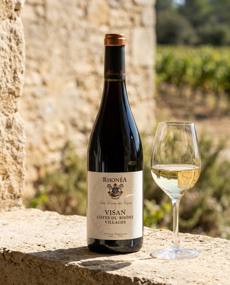 Rhonéa Côtes du Rhône Villages Notre Dame des Vignes bottle and a glass of the wine