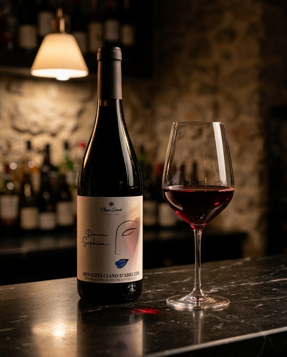 Chiusa Grande “Donna Sophia” bottle and a glass of the wine