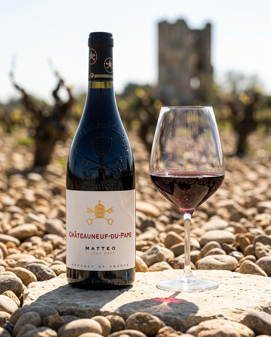 Domaine D. Matteo Châteauneuf-du-Pape bottle and a glass of the wine