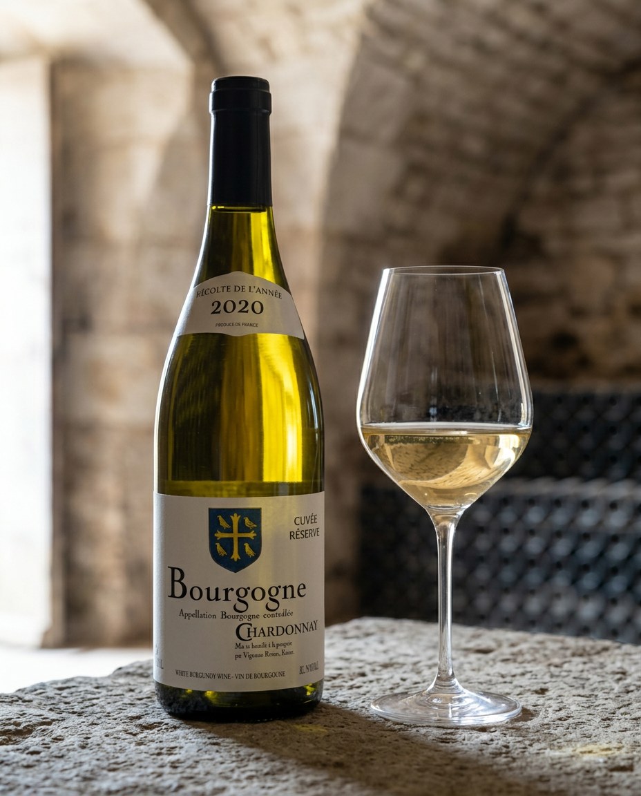 Vignerons Réunis Bourgogne Blanc Cuvée Réserve bottle and a glass of the wine