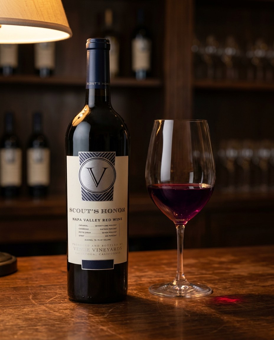Venge Scout's Honor Red Blend bottle and a glass of the wine
