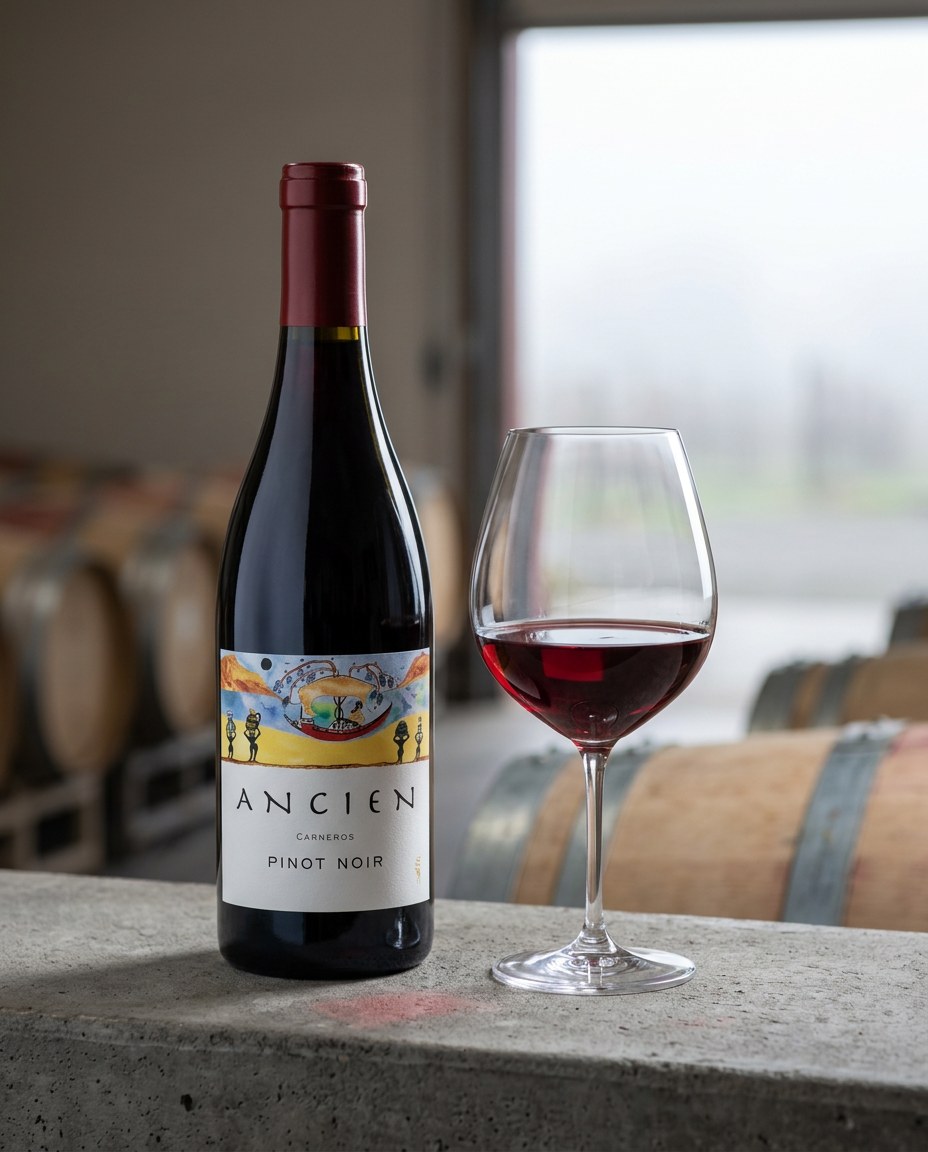 Ancien Pinot Noir bottle and a glass of the wine