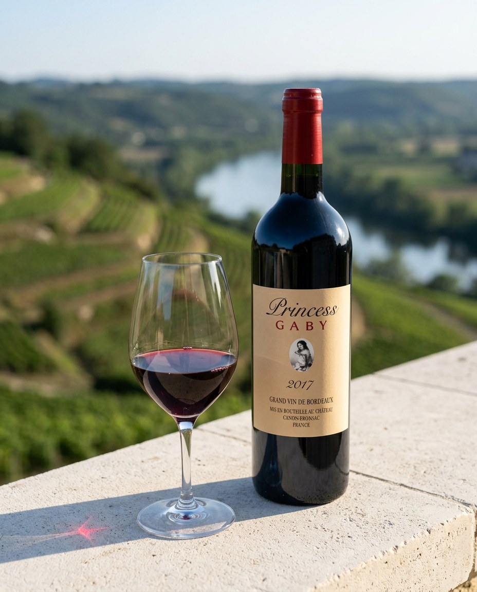 Château Gaby Princess Gaby Canon-Fronsac bottle and a glass of the wine