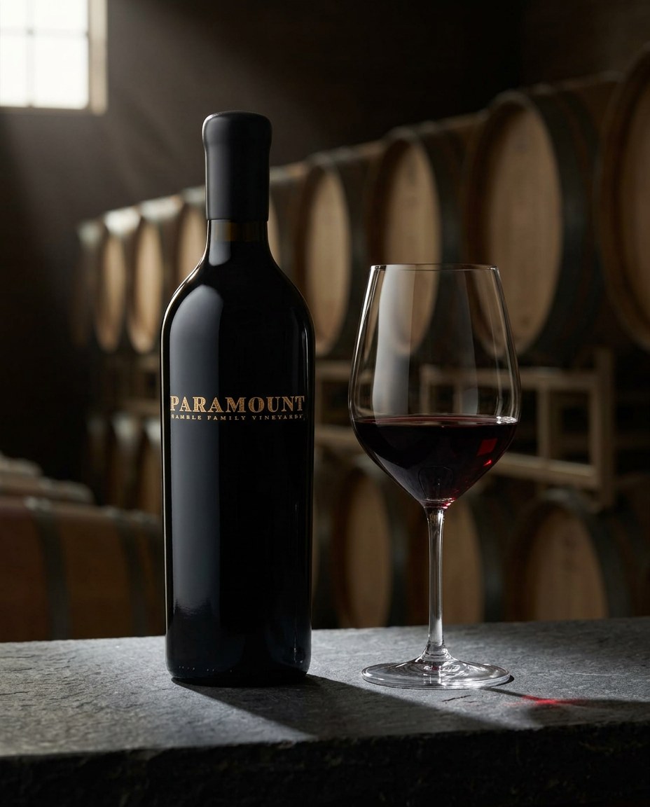 Gamble Family Paramount Red Blend bottle and a glass of the wine