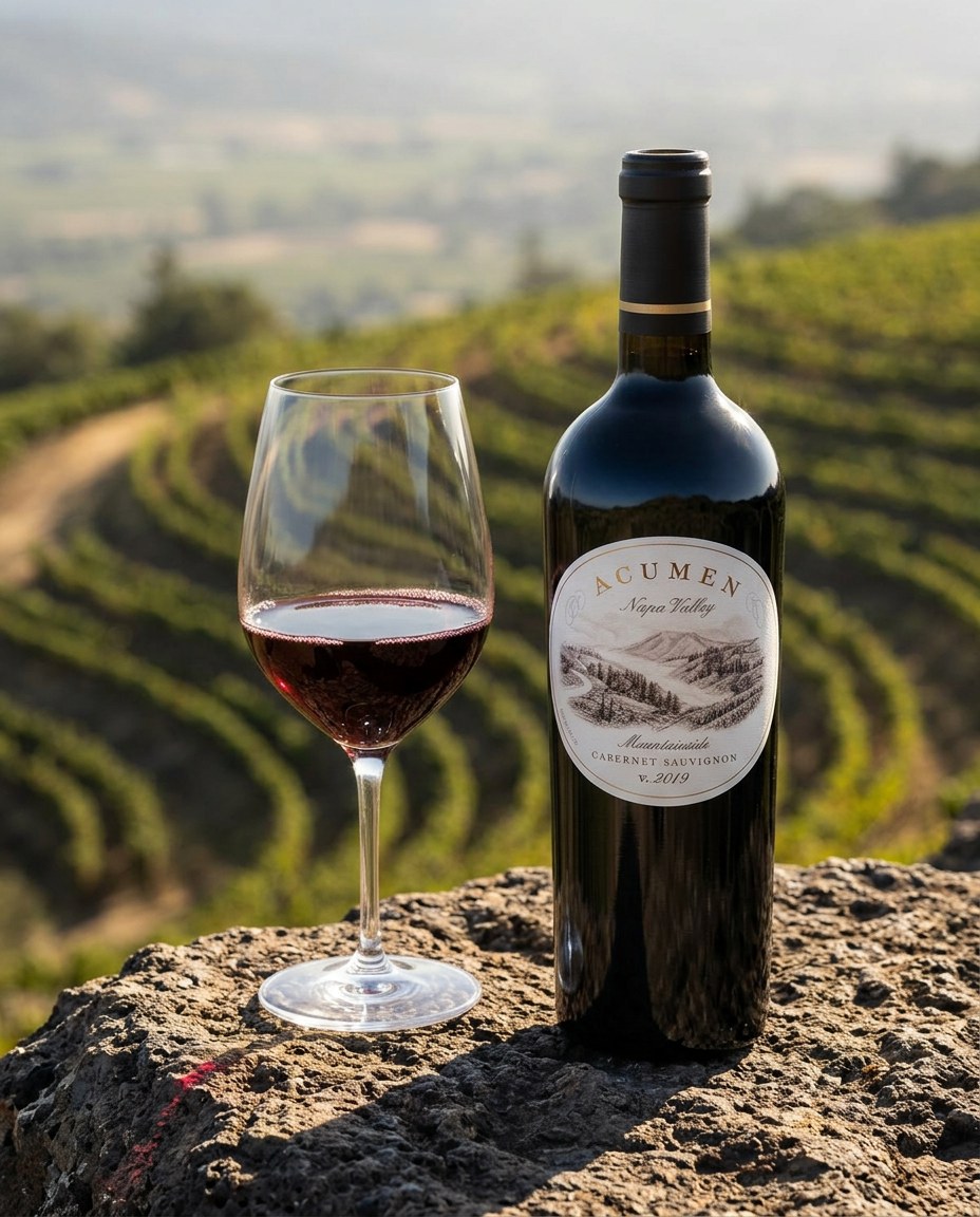 Acumen Cabernet Sauvignon bottle and a glass of the wine