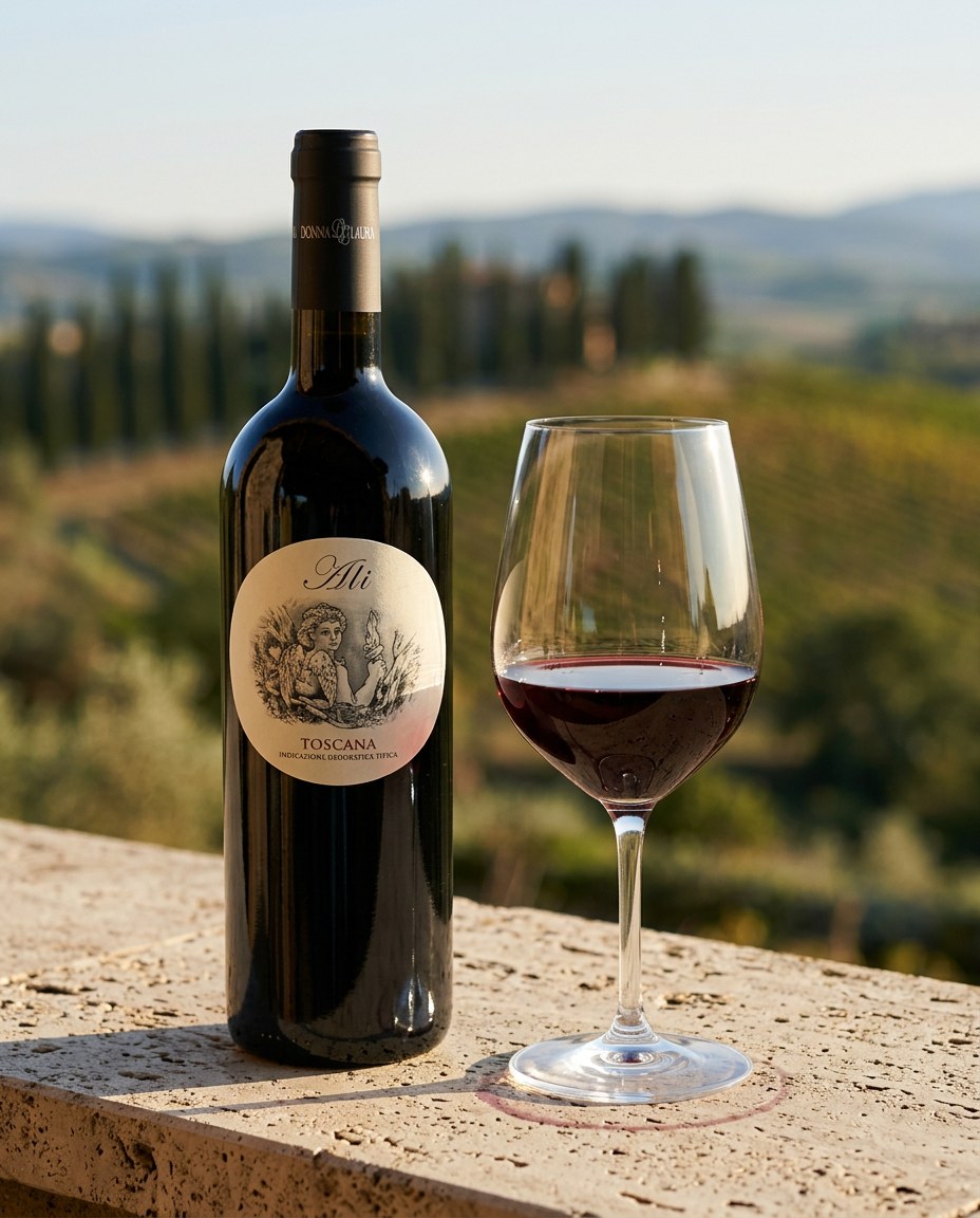 Donna Laura Ali Rosso Supertuscan bottle and a glass of the wine
