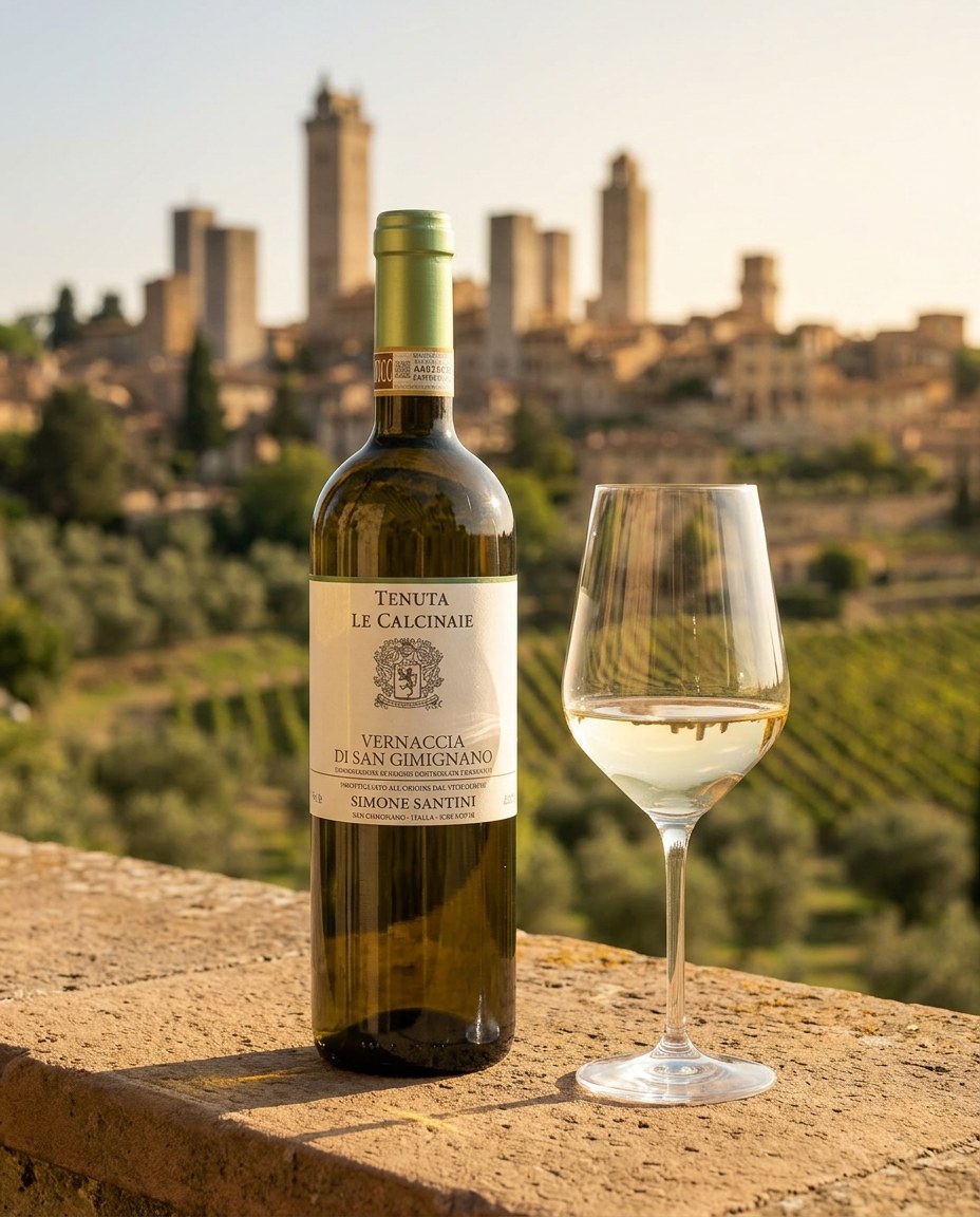 Tenuta Le Calcinaie Vernaccia di San Gimignano bottle and a glass of the wine