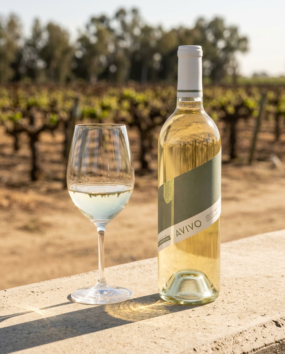 Avivo Vermentino bottle and a glass of the wine