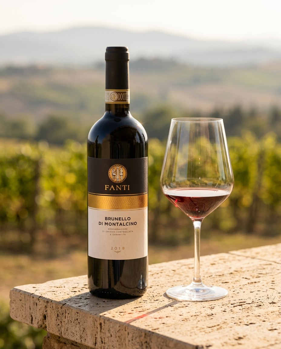 Fanti Brunello di Montalcino bottle and a glass of the wine