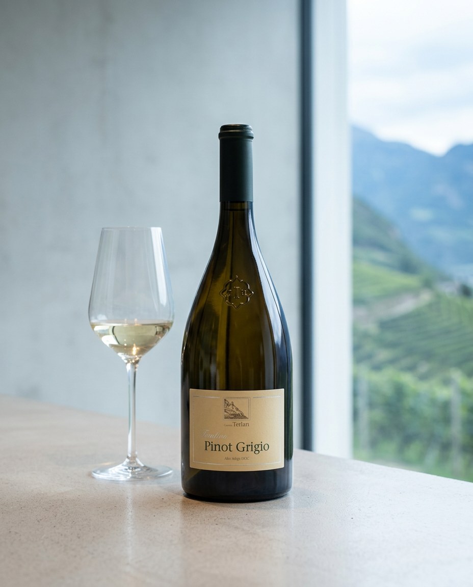 Cantina Terlano Pinot Grigio bottle and a glass of the wine