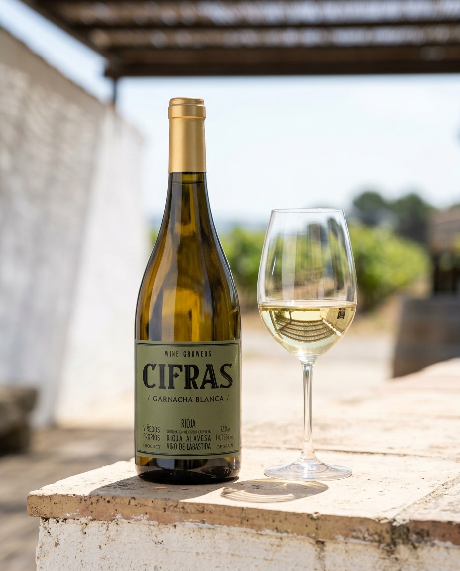 Cifras Garnacha Blanca bottle and a glass of the wine