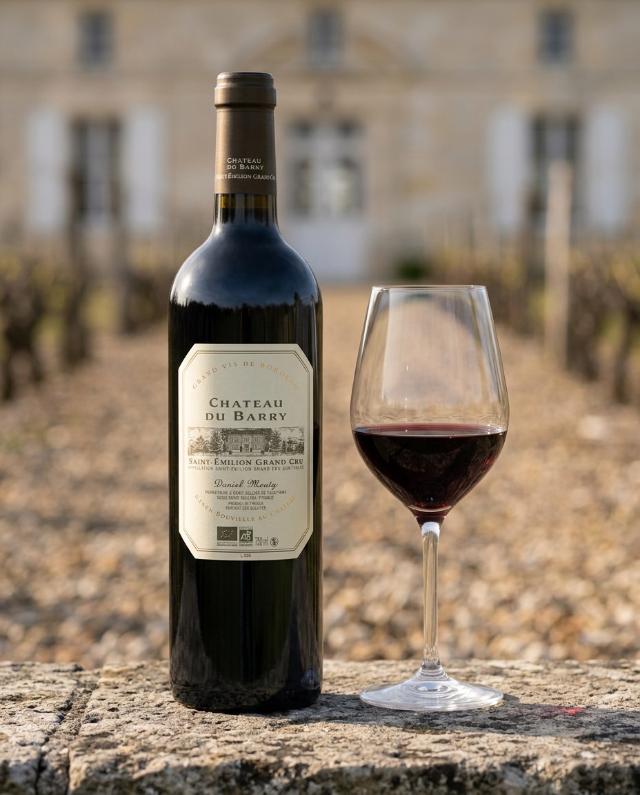 Château du Barry, Saint-Émilion Grand Cru bottle and a glass of the wine