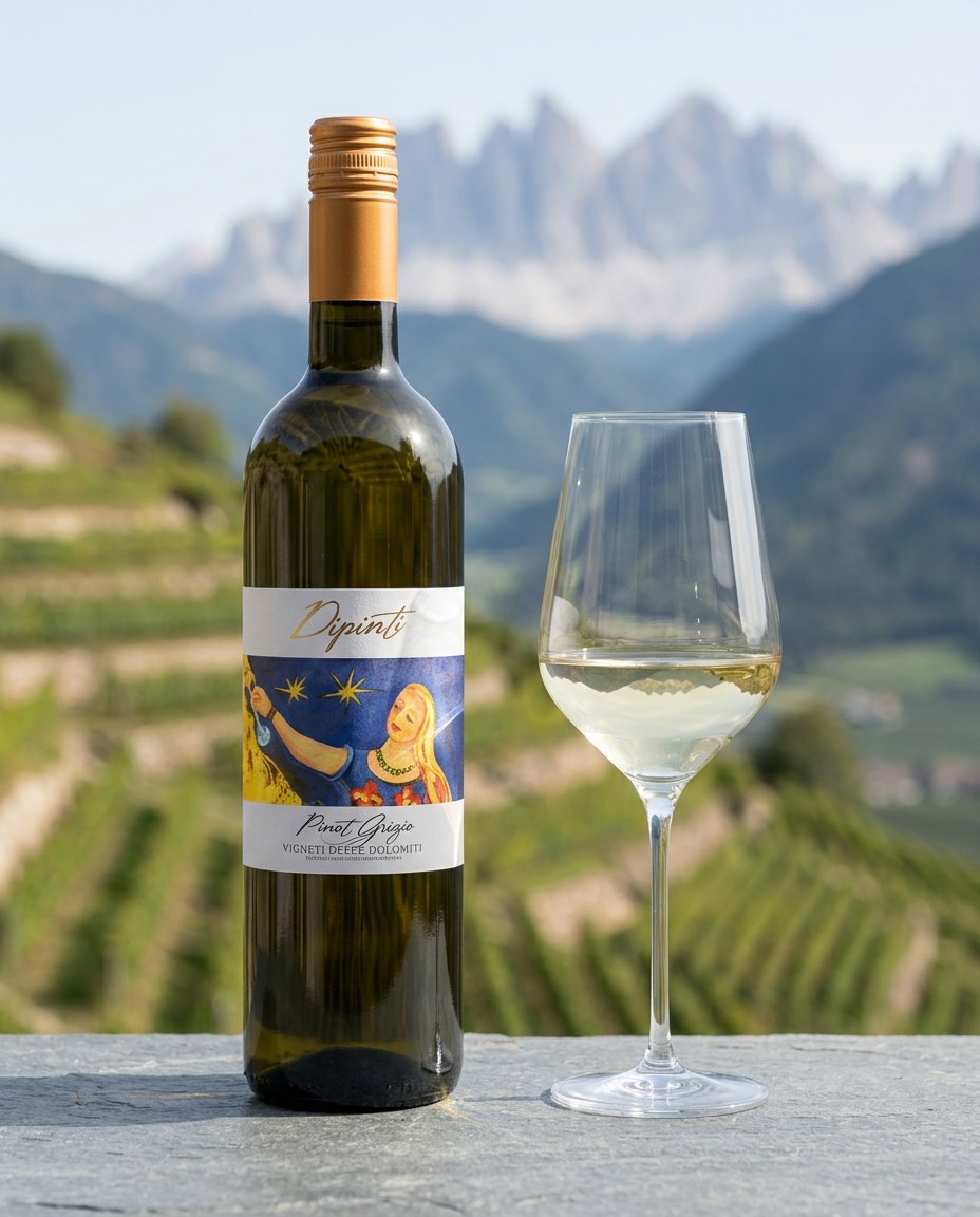 Dipinti Vigneti Dolomiti Pinot Grigio bottle and a glass of the wine