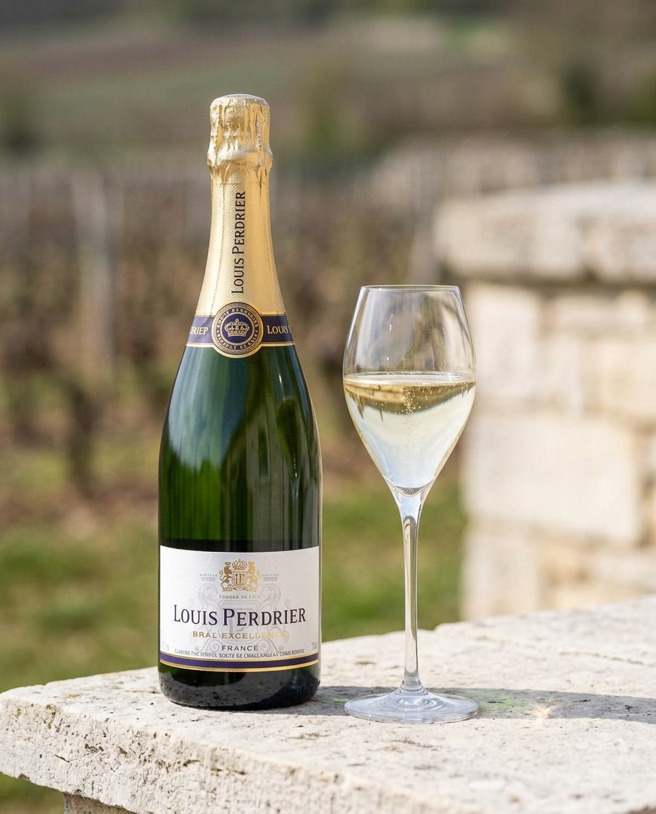 Louis Perdrier Brut Excellence NV bottle and a glass of the wine