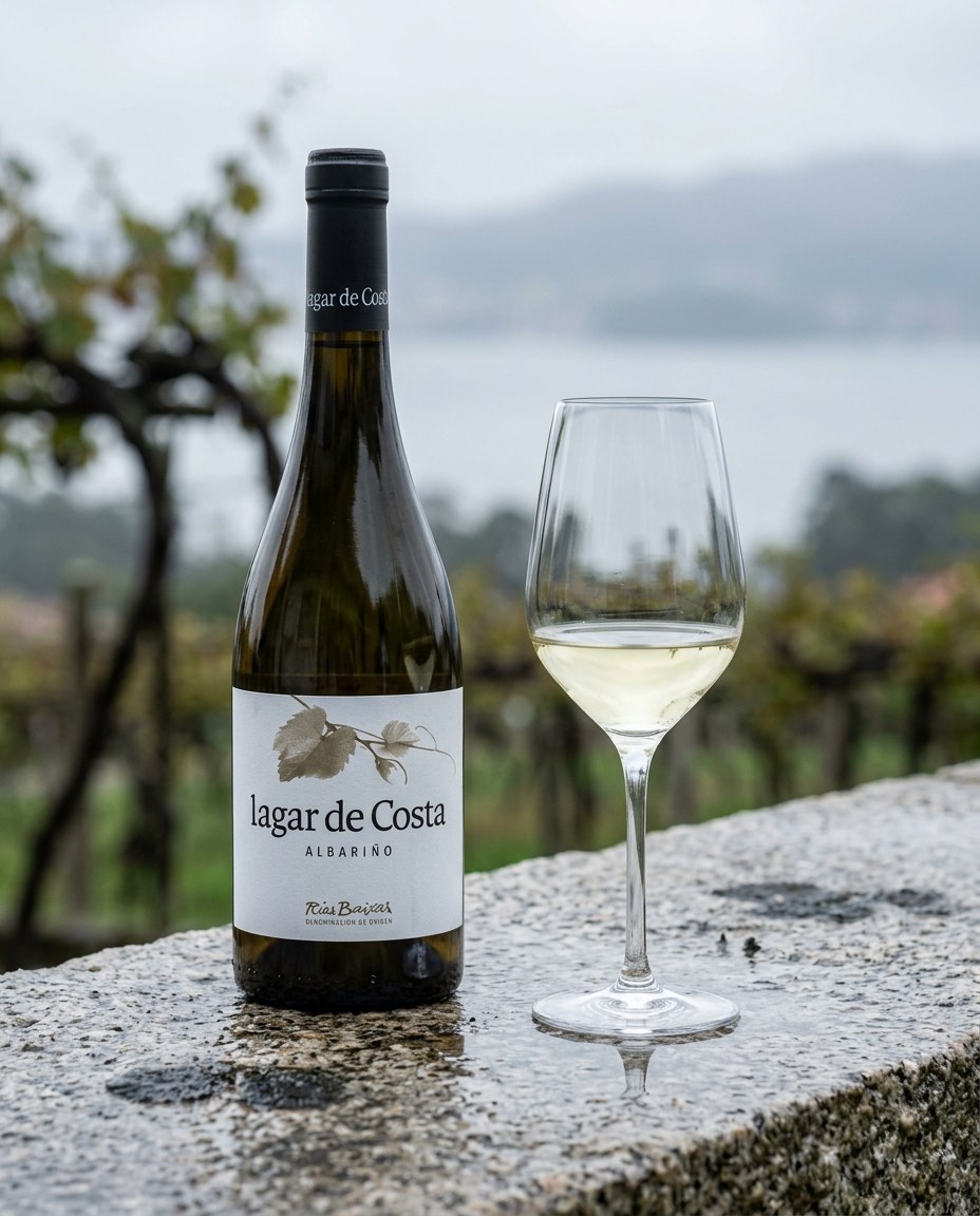 Lagar de Costa Albariño bottle and a glass of the wine