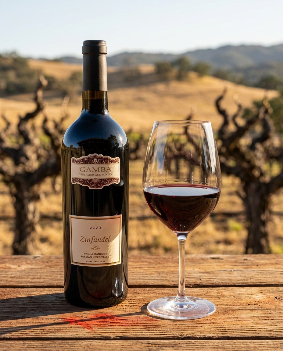 Gamble Ranches Zinfandel bottle and a glass of the wine