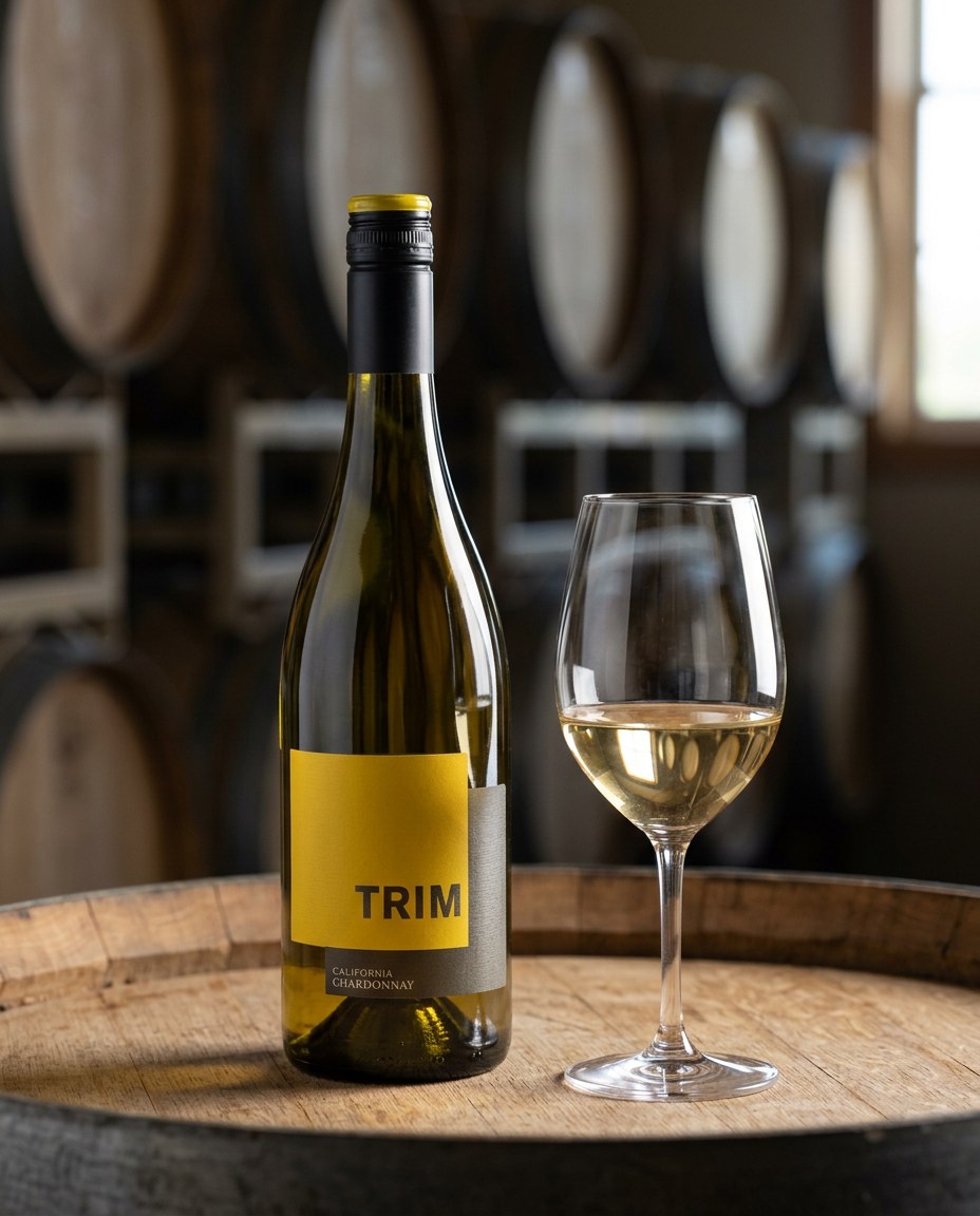 Trim Chardonnay bottle and a glass of the wine