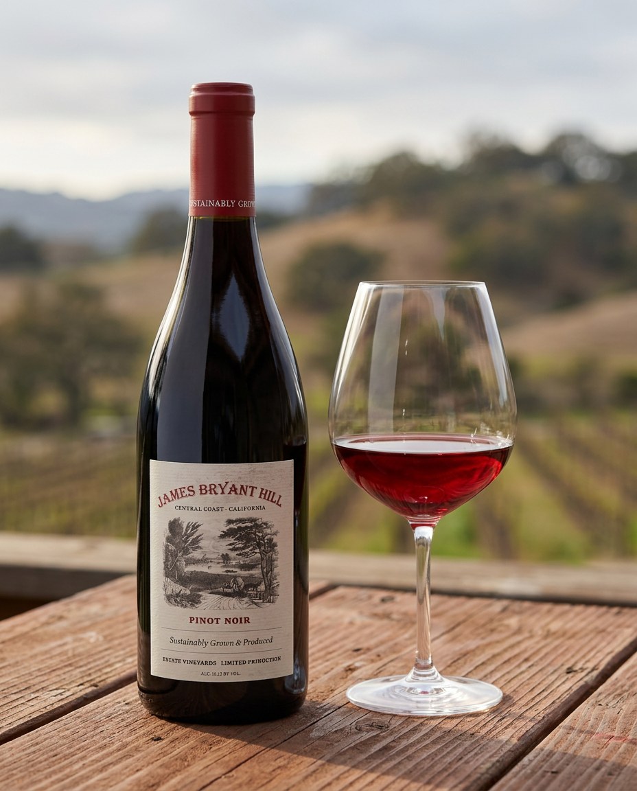 James Bryant Hill Pinot Noir bottle and a glass of the wine
