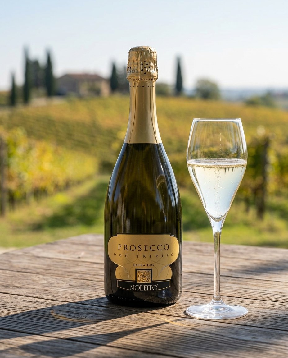 Moletto Prosecco Extra Dry NV bottle and a glass of the wine