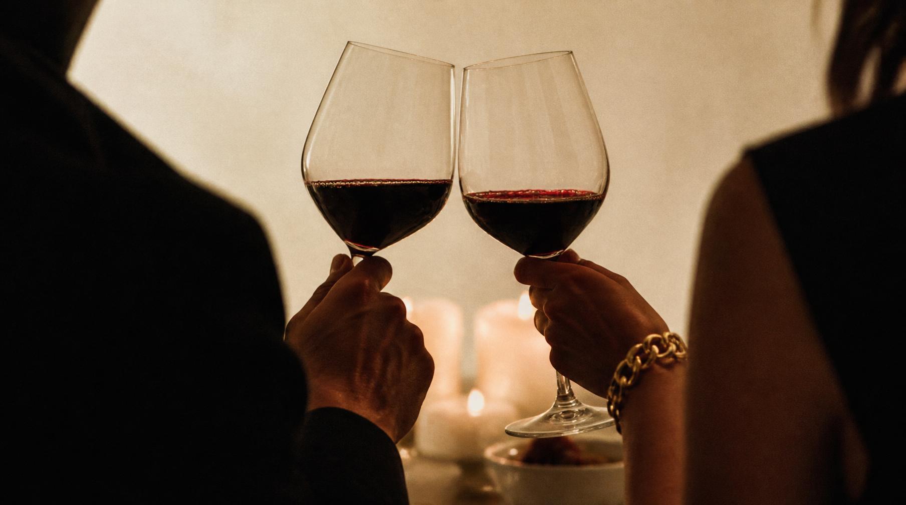 Two glasses of red wine meeting in a toast by candlelight