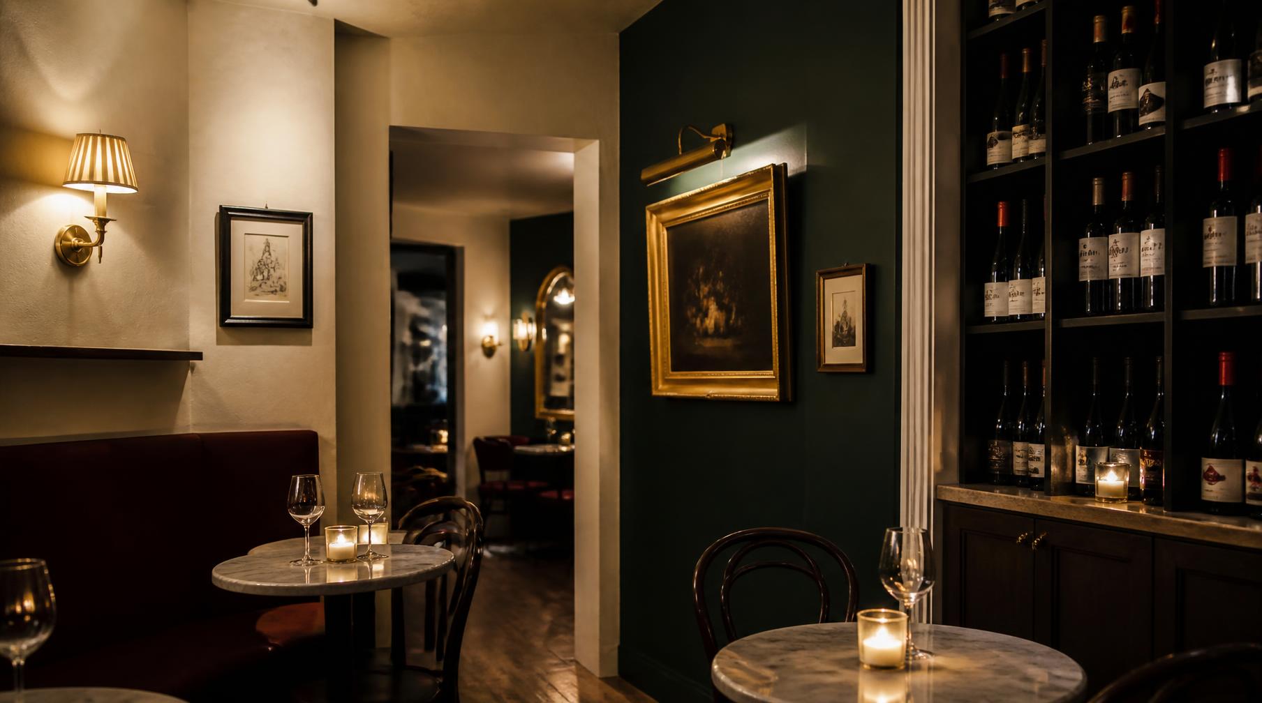 The interior of Jordan's Wine Bar at dusk with warm lamps and bottle shelves